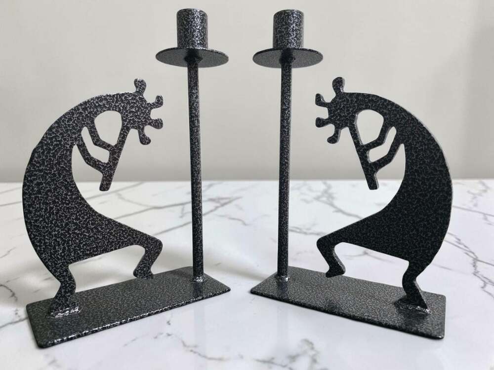 Vintage Southwest Black Metal Kokopelli Flute Player Candleholders Pair